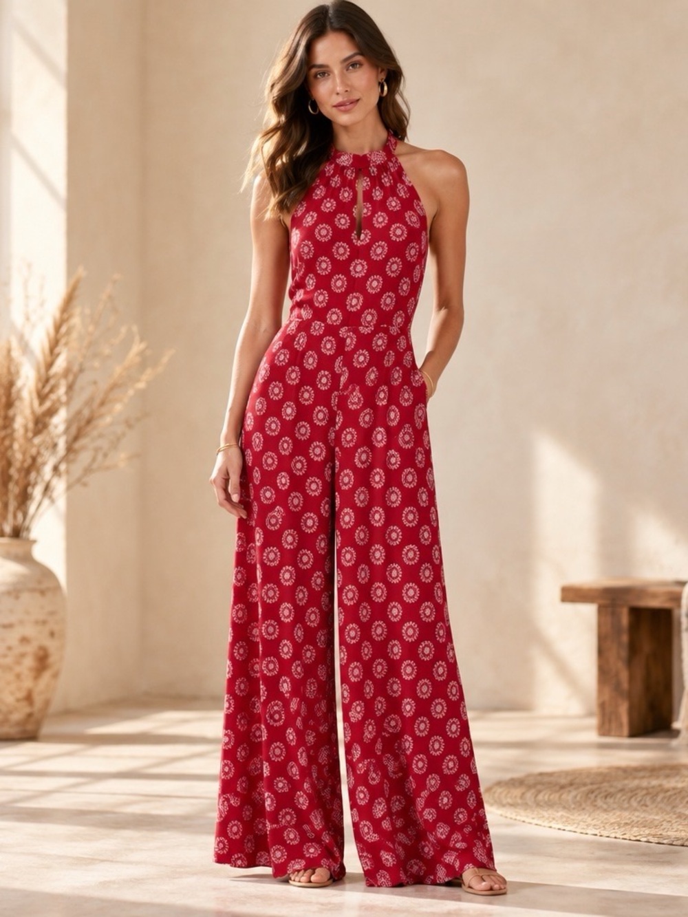 Forever 21 Red Floral Halter Wide Leg Jumpsuit Boho Maxi Medium